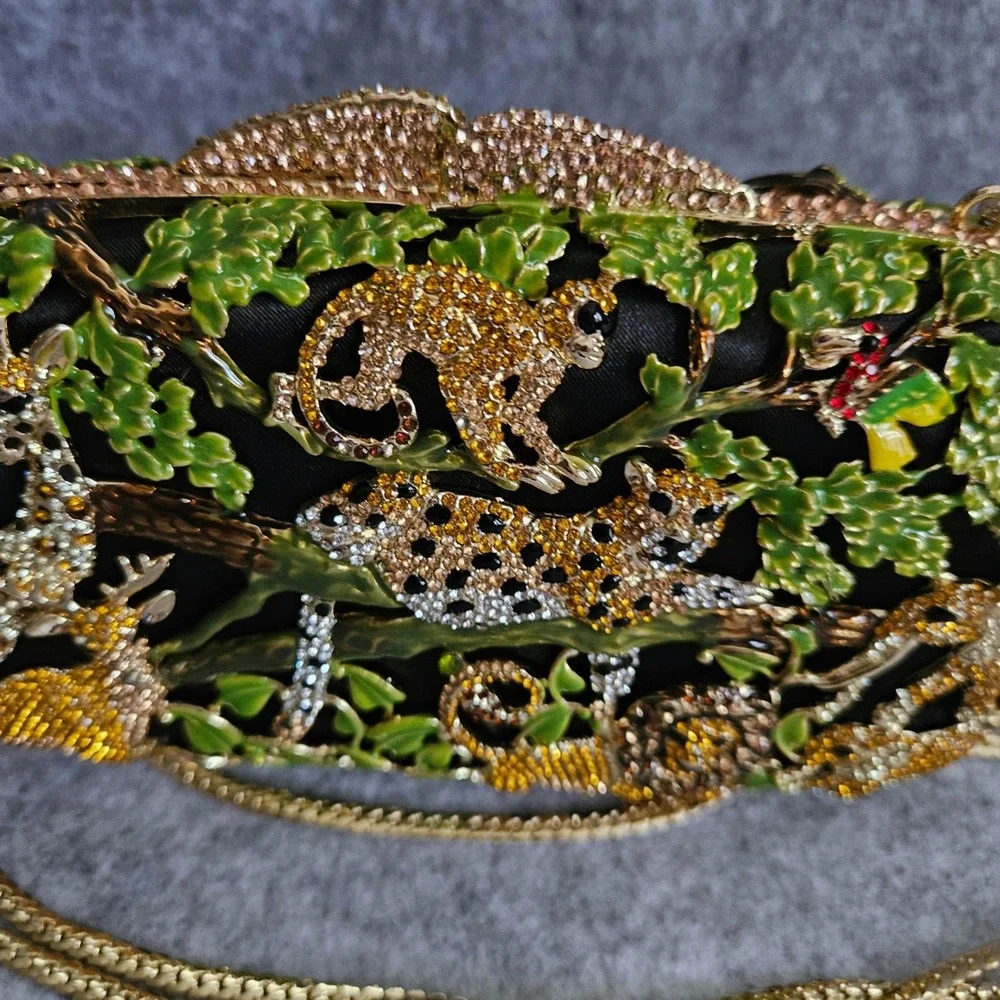 LUX MOB Crystal Enamel Jungle Safari Animal Evening Clutch Bag Lion Leopard Box